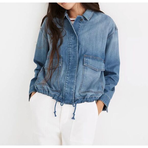 Madewell Denim Drawstring Military Shirt Jacket in Glenmar Wash Size Medium - Picture 1 of 5